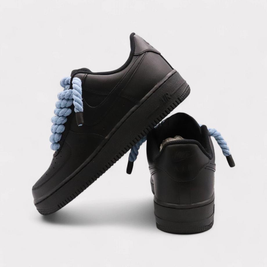 NIKE Air Force 1 Black Rope Lace Light Blue Sneakers  