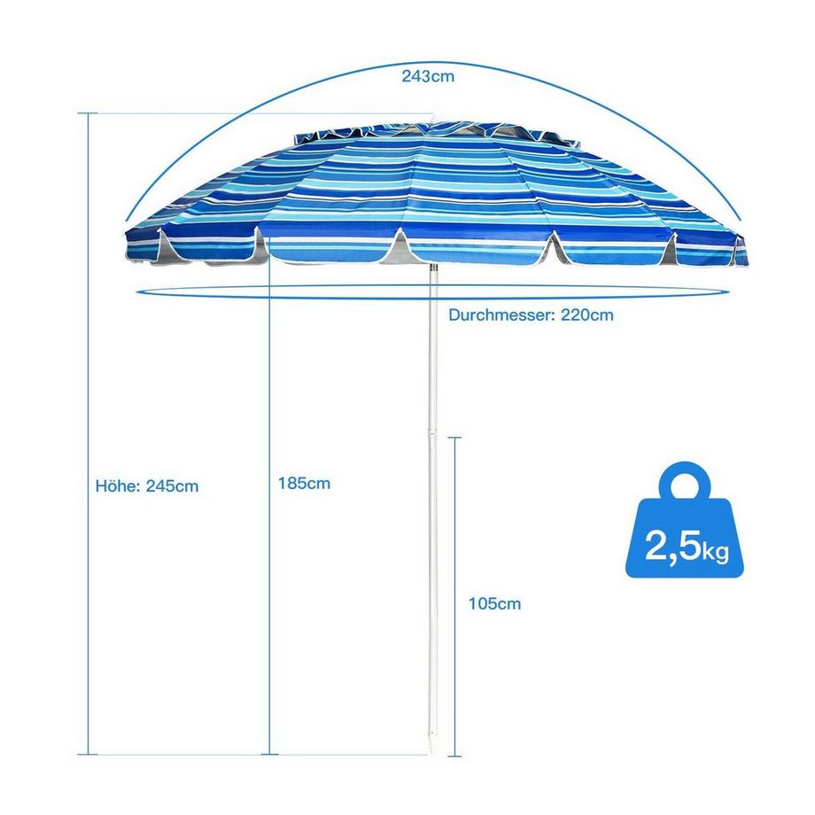 Northix Ombrellone da spiaggia 243 cm Ombrellone da esterno Ombrellone da spiaggia inclinabile in alluminio - blu scuro  