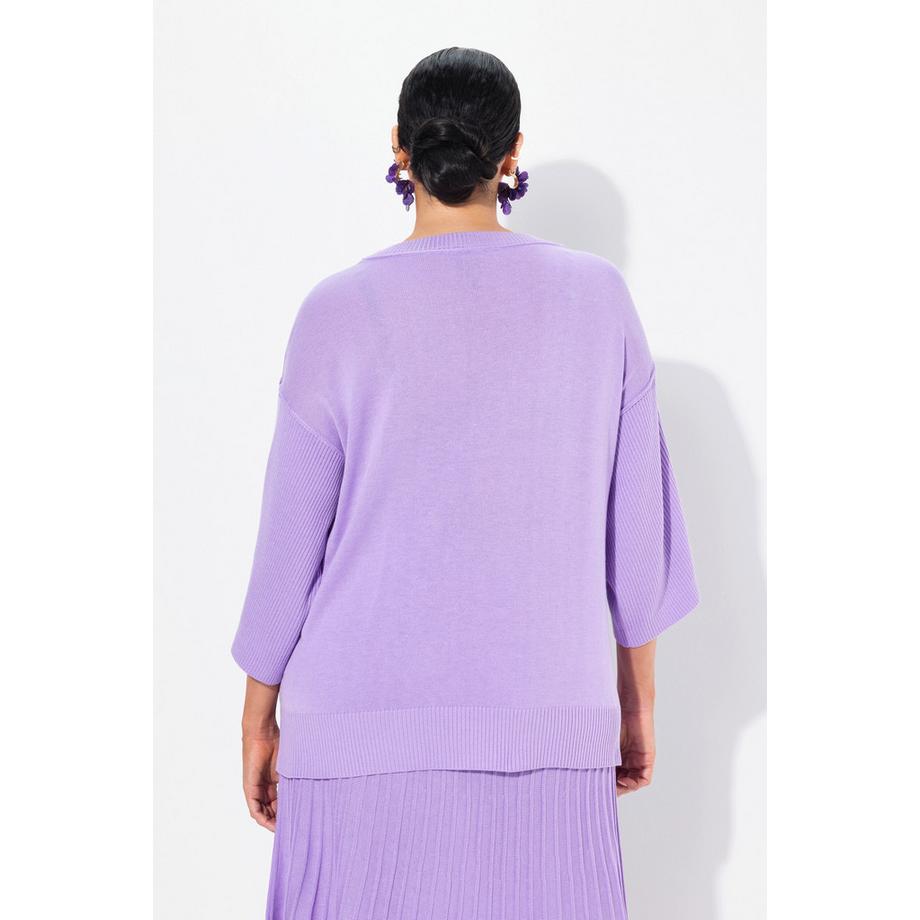 Ulla Popken Oversized Rundhals Pullover mit 3/4 Rippstrickärmeln  