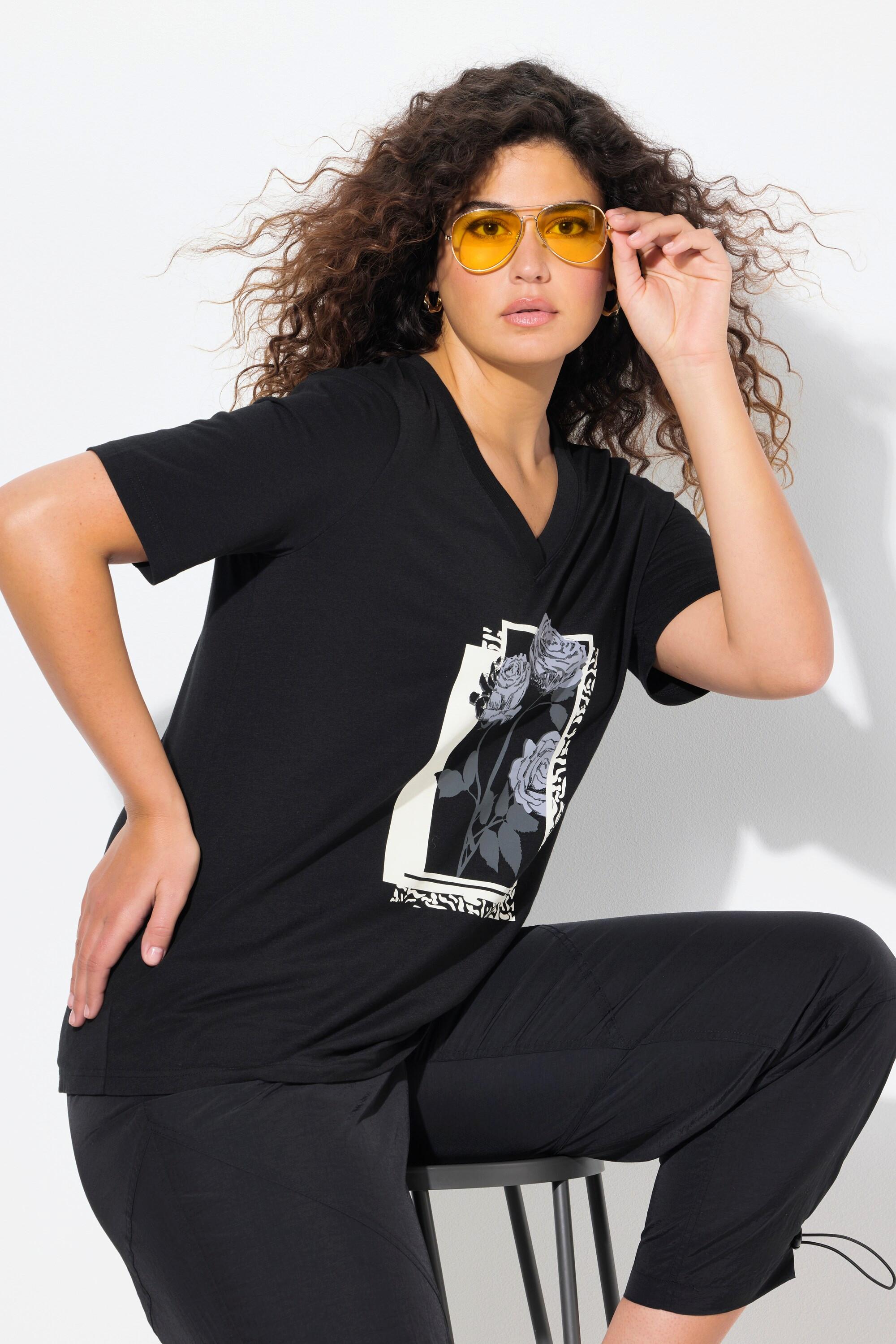 Ulla Popken  T-shirt classica con design floreale, scollo a V e mezze maniche 