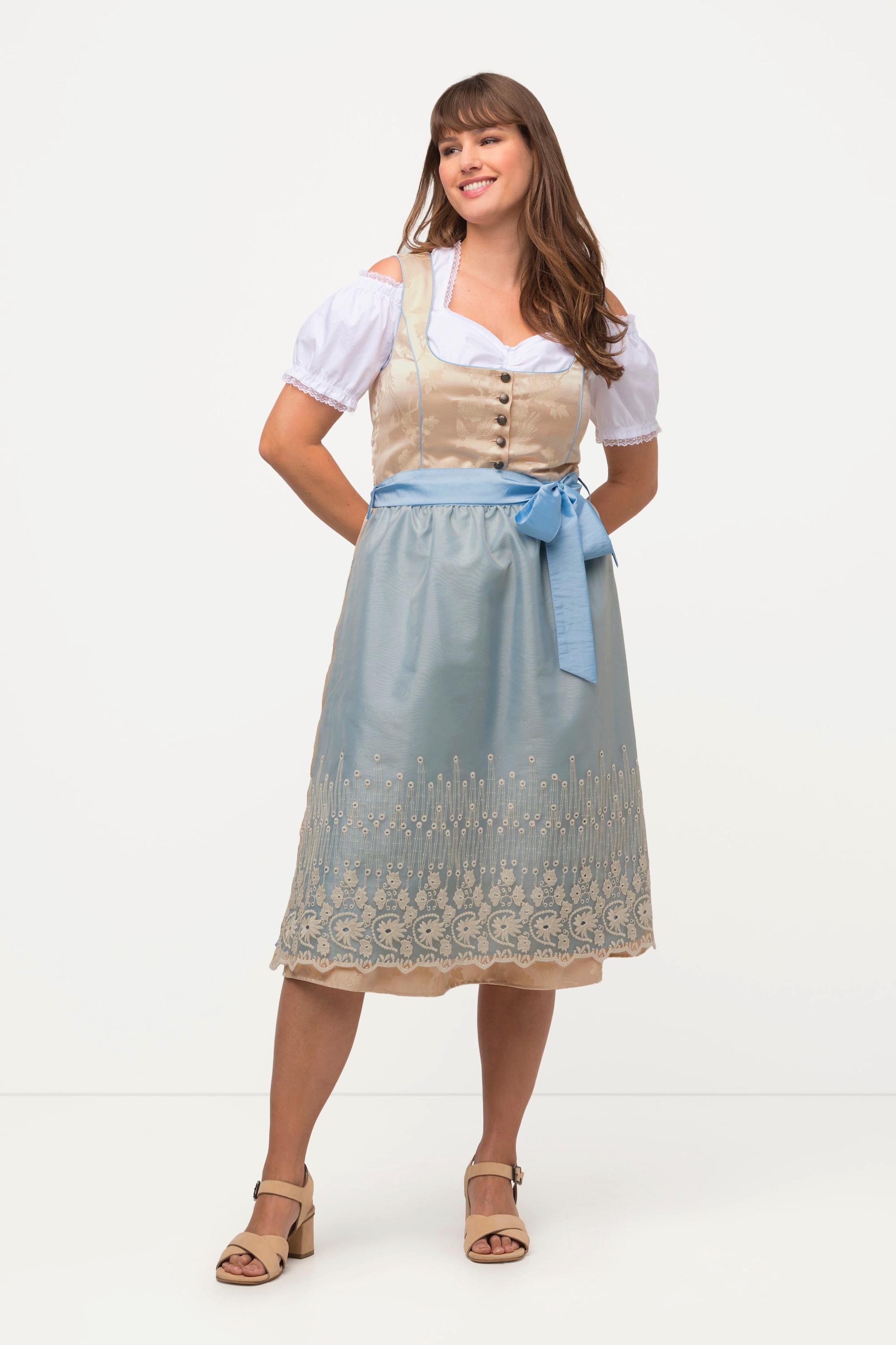 Ulla Popken  Abito tradizionale Dirndl con taglio smanicato, broccato color oro, ricami e scollo rettangolare 