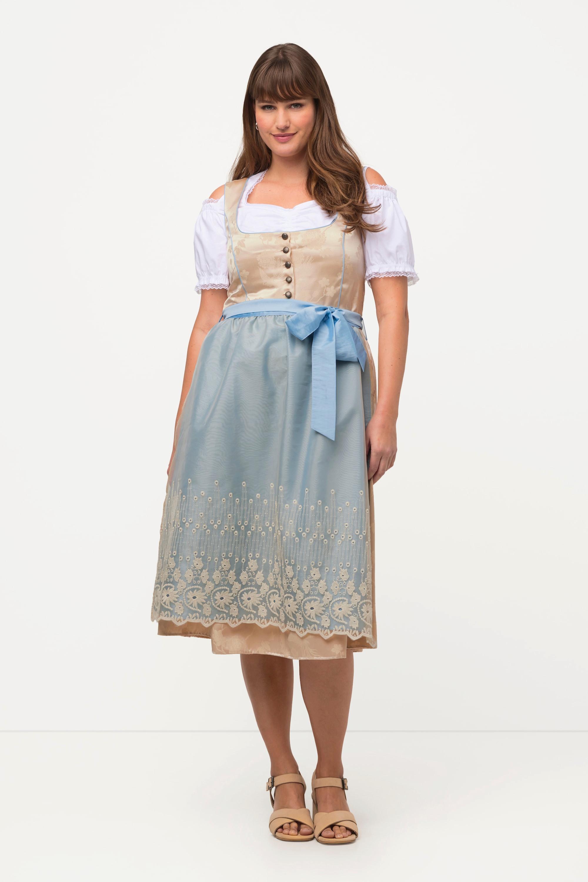 Ulla Popken  Abito tradizionale Dirndl con taglio smanicato, broccato color oro, ricami e scollo rettangolare 