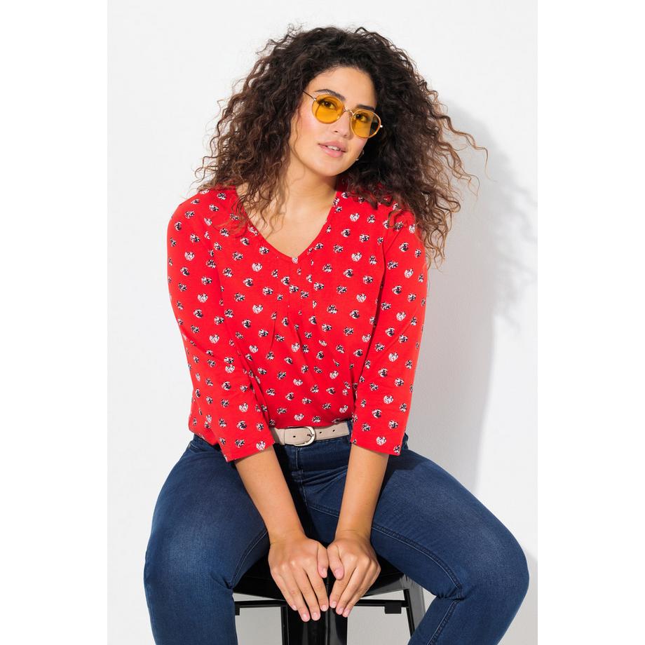 Ulla Popken T-shirt motif points col en V manches 3/4 coupe évasée  