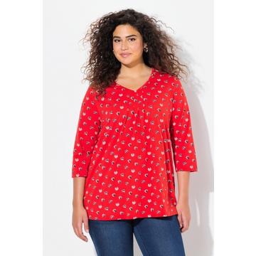 Shirt, Punkte, A-Linie, Zierfalten, V-Ausschnitt, 3/4-Arm