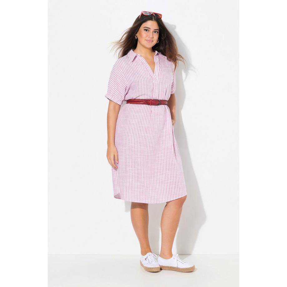 Ulla Popken Leinenmix Kleid Streifen Oversized Hemdkragen Halbarm  