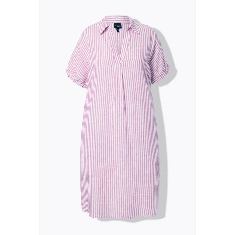 Ulla Popken Leinenmix Kleid Streifen Oversized Hemdkragen Halbarm  