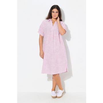 Abito in misto lino dal taglio oversize con righe, collo da camicia e mezze maniche