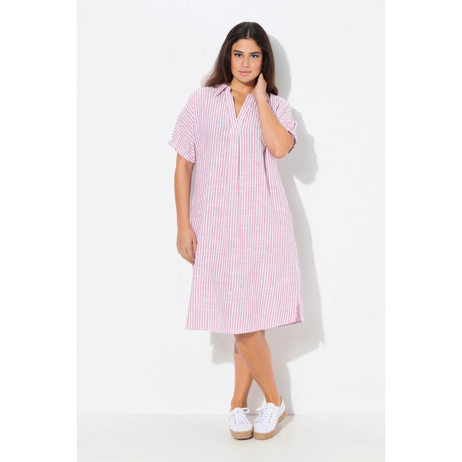 Ulla Popken Leinenmix Kleid Streifen Oversized Hemdkragen Halbarm  