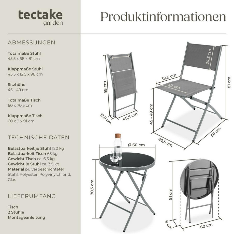 Tectake Bistro-Set Düsseldorf klappbar, für 2 Personen widerstandsfähig  