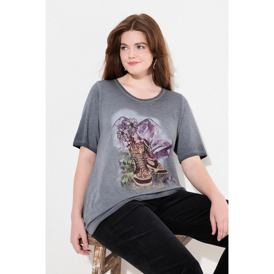 Ulla Popken T-shirt Classic Col Rond Manches Courtes Motif Bottes  