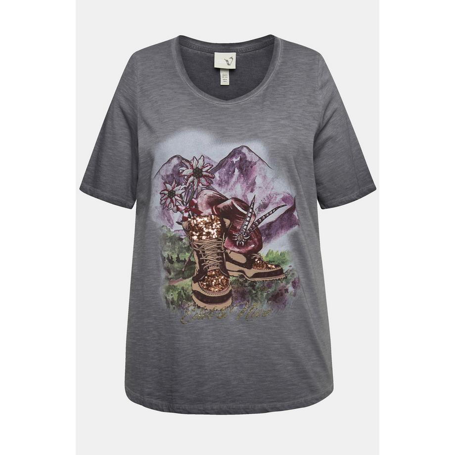 Ulla Popken T-shirt Classic Col Rond Manches Courtes Motif Bottes  