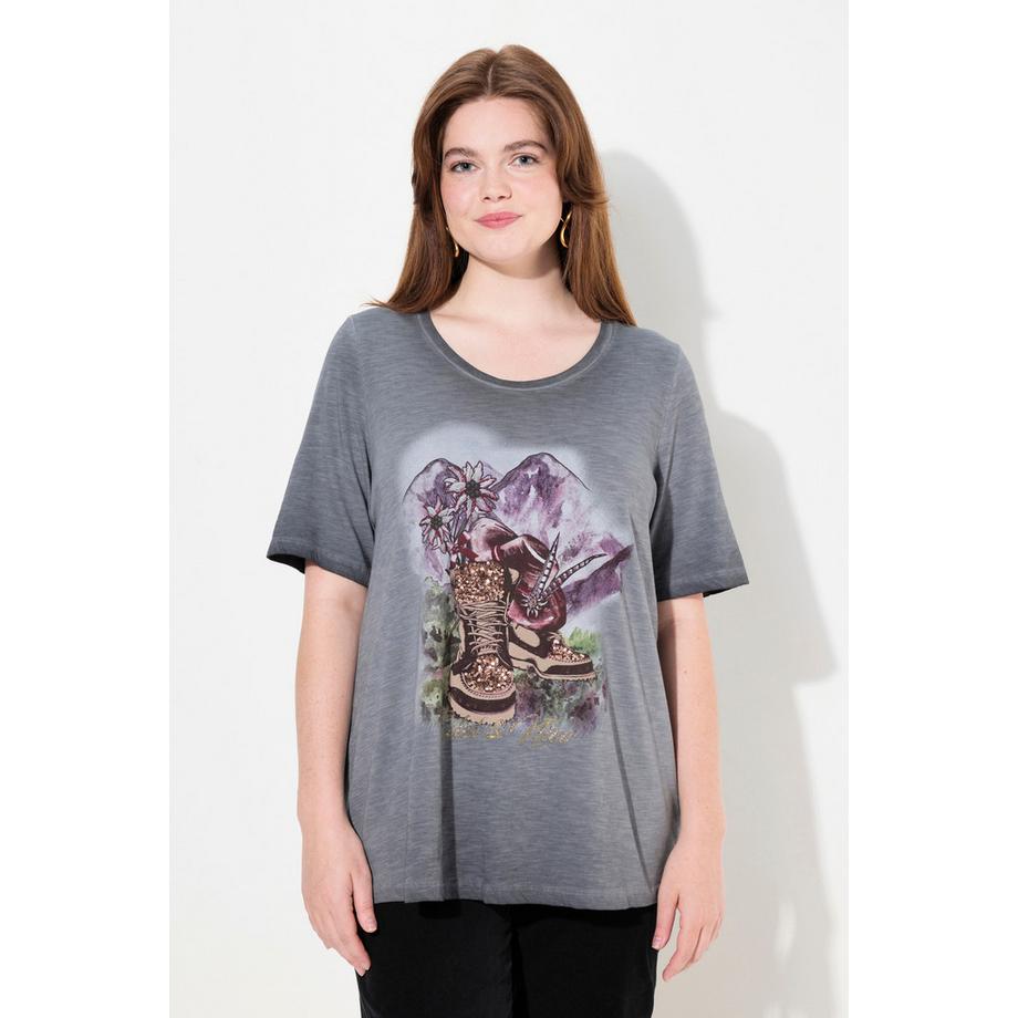 Ulla Popken T-shirt Classic Col Rond Manches Courtes Motif Bottes  