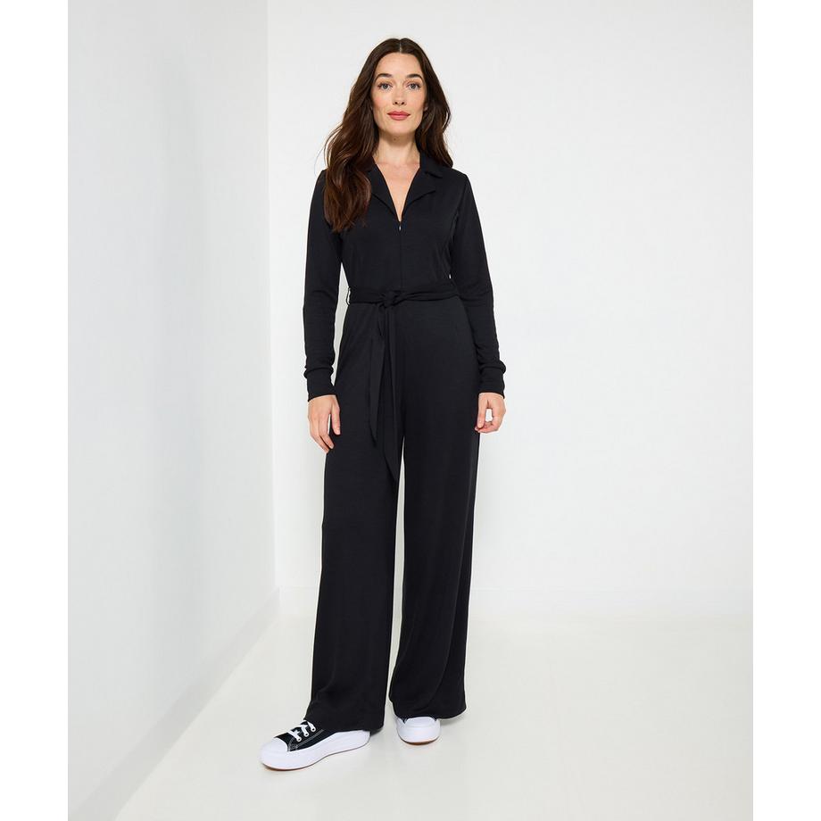 Jersey-Jumpsuit mit Kragen und Frontreißverschluss
