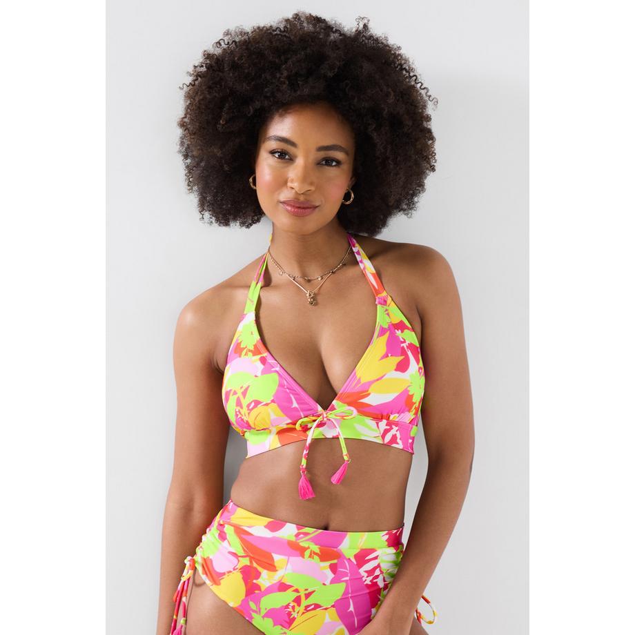 Haut de Bikini Licou Imprimé Feuilles Tropicales avec Lien à Pampilles