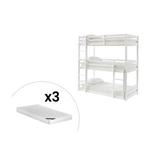Vente-unique Etagenbett 3 Personen + Matratzen - Kiefernholz - 3 x 90 x 200 cm - Weiß - VAGAR  