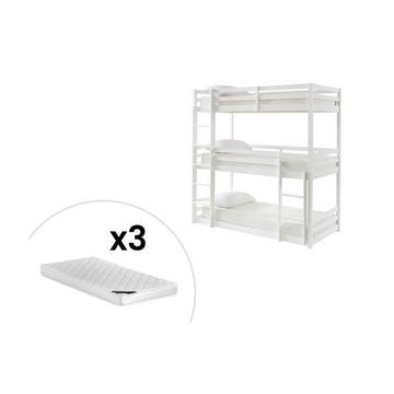 Etagenbett 3 Personen + Matratzen - Kiefernholz - 3 x 90 x 200 cm - Weiß - VAGAR