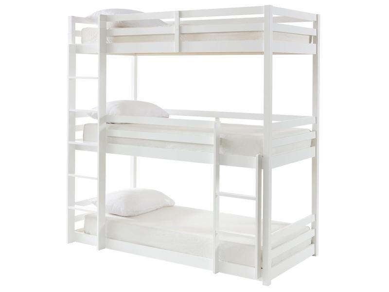 Vente-unique Etagenbett 3 Personen + Matratzen - Kiefernholz - 3 x 90 x 200 cm - Weiß - VAGAR  