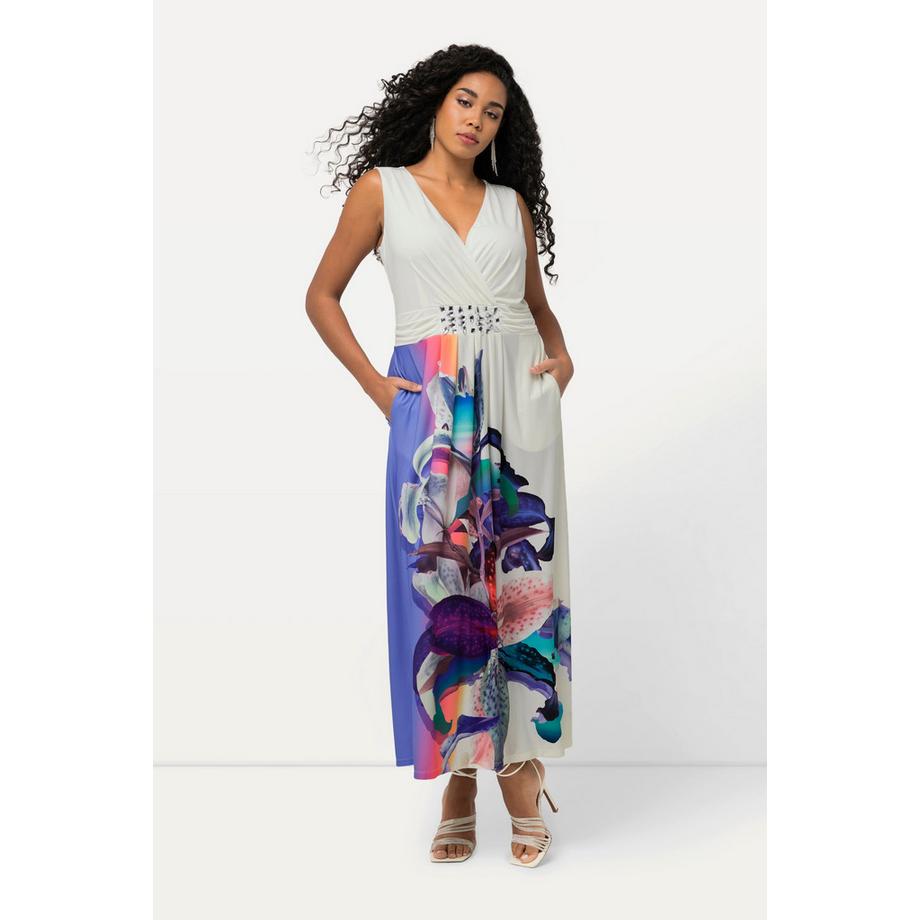 Ulla Popken Maxikleid Wickeloptik A-Linie ärmellos V-Ausschnitt  