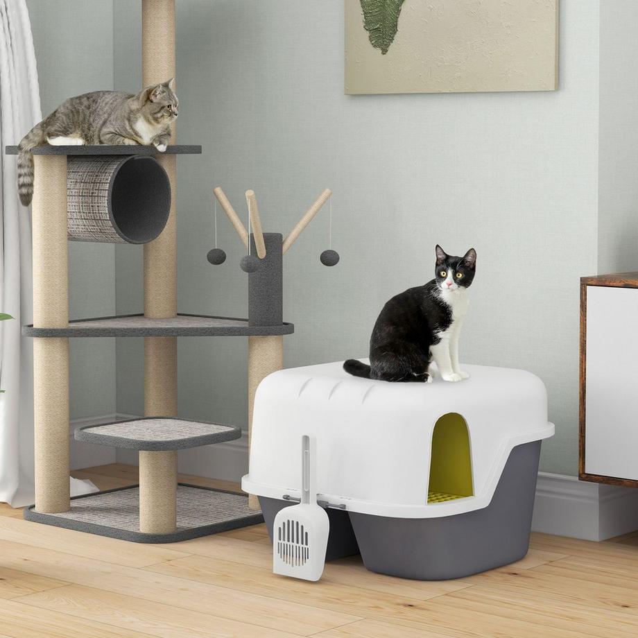 Northio  Katzentoilette mit Deckel, Katzenklo mit Sieb, Schaufel, geschlossen Katze Toilettenhaus für kleine Katze unter 3,5 kg, Indoor, Kunststoff, Cremeweiß 