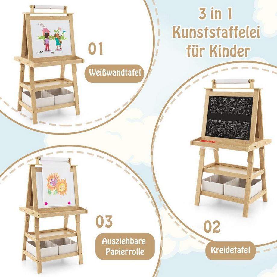 Northio  3 in 1 Kinder Staffelei Doppelseitig Whiteboard & Kreidetafel & Zeichenpapier Natur 