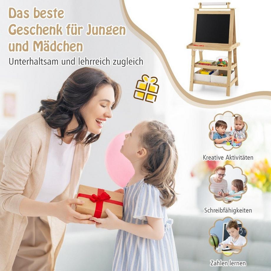 Northio  3 in 1 Kinder Staffelei Doppelseitig Whiteboard & Kreidetafel & Zeichenpapier Natur 
