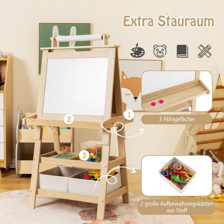 Northio  3 in 1 Kinder Staffelei Doppelseitig Whiteboard & Kreidetafel & Zeichenpapier Natur 