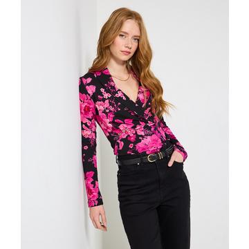 Herbstliches Jersey-Top mit Blumenmuster und Schalkragen