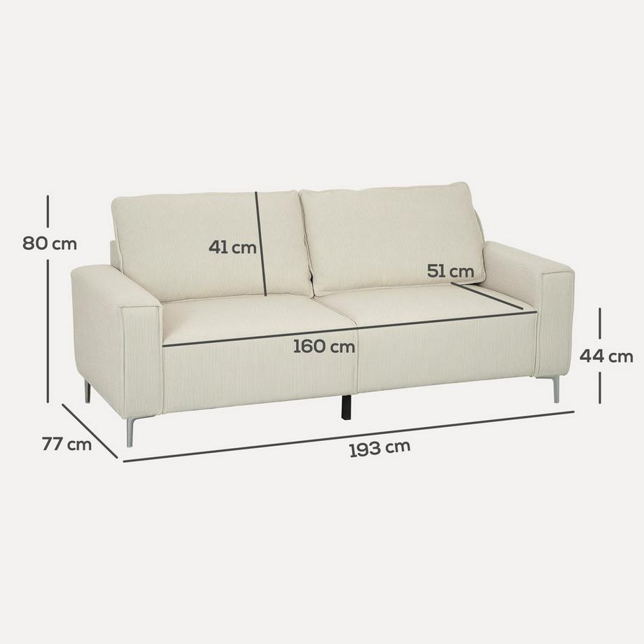 Northio 3-Sitzer Sofa, Couch mit Armlehnen, Rückenkissen, Wohnzimmersofa mit Cordbezug, Federkern, Dick Gepolstert Polstersofa für Wohnzimmer, Schlafzimmer 193 x 77 x 80 cm, Cremeweiß  