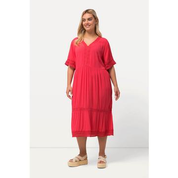 Robe midi style tunique avec dentelle sur le col en V et les manches courtes - ligne A