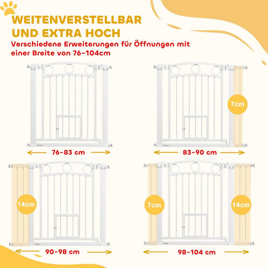Northio  Türschutzgitter, 76-104 cm Treppengitter, Treppenschutzgitter ohne bohren, Treppenschutz mit Katzentür, schließbar Schutzgitter, für mittelgroße Hunde, Stahl, Weiß 
