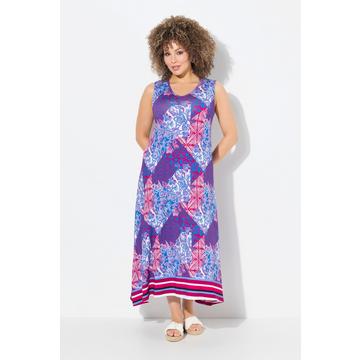 Maxi abito dal taglio svasato e smanicato con stampa patchwork e scollo a V