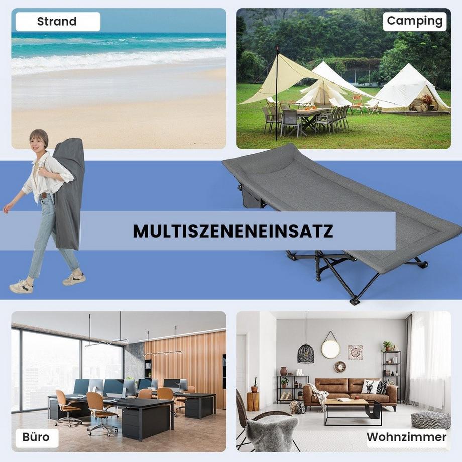 Klappbare Campingliege mit Seitentasche Feldbett bis 200 kg Belastbar Gästebett
