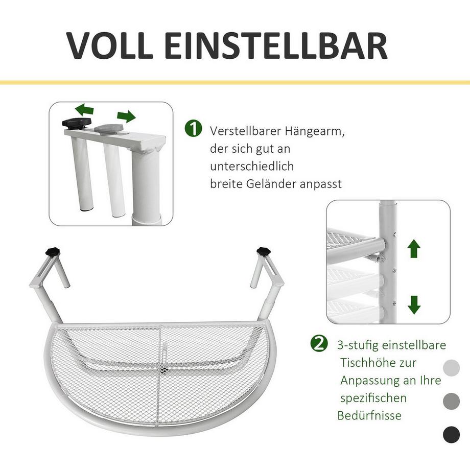 Northio Balkonhängetisch Hängetisch Gartentisch Höhenverstellbar Halbrund Ø30 Cm Terrasse Metall Weiß L60 X B45 X H50 Cm  