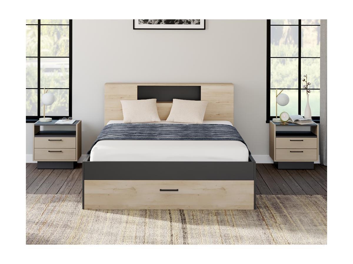 Vente-unique Bett mit Kopfteil, Stauraum & Schubladen + Nachttische - 160 x 200 cm - Holzfarben & Anthrazit - LEANDRE  