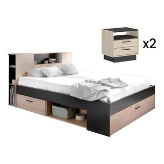 Vente-unique Bett mit Kopfteil, Stauraum & Schubladen + Nachttische - 160 x 200 cm - Holzfarben & Anthrazit - LEANDRE  