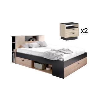 Vente-unique Bett mit Kopfteil, Stauraum & Schubladen + Nachttische - 160 x 200 cm - Holzfarben & Anthrazit - LEANDRE  