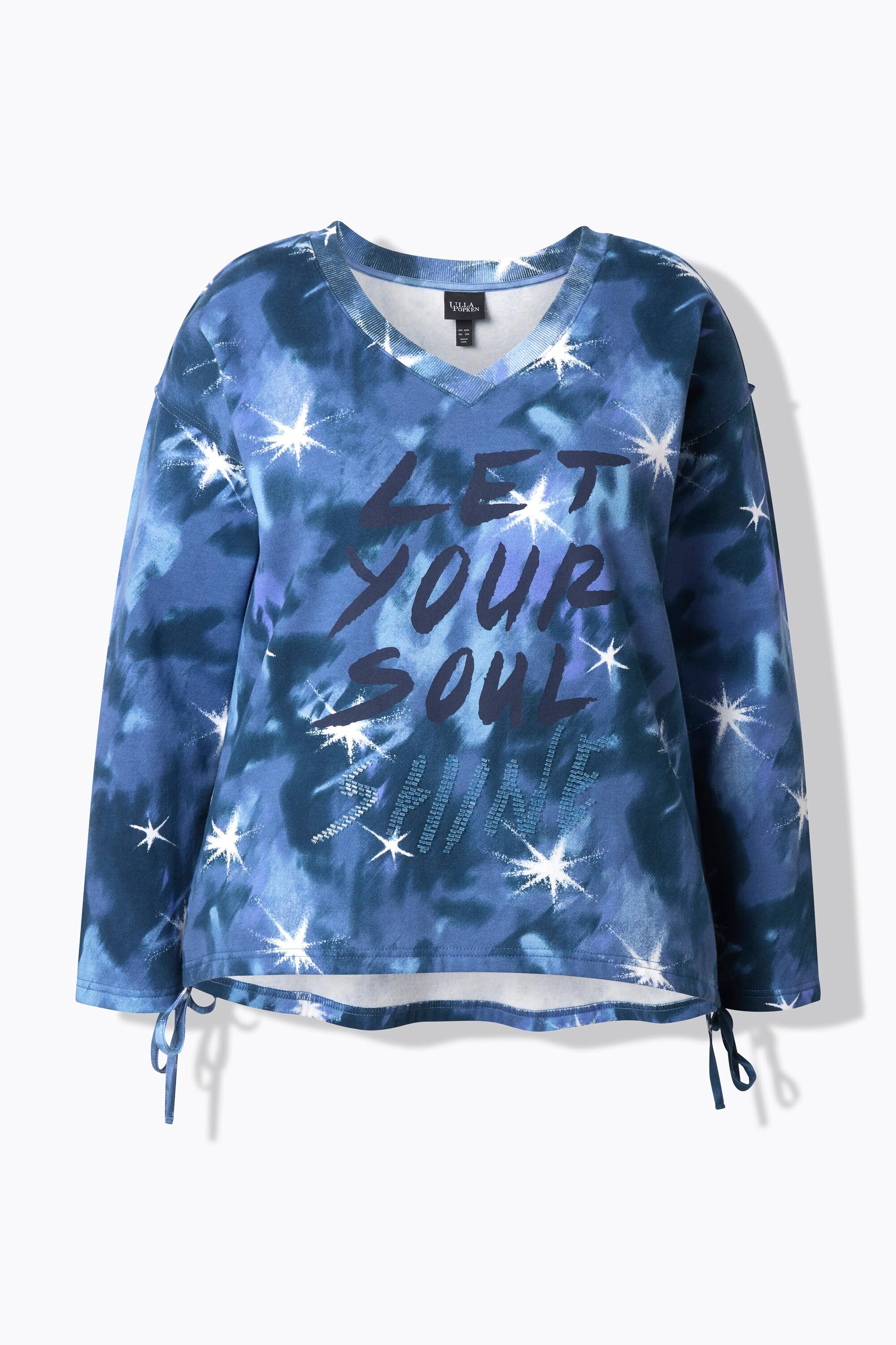 Ulla Popken Sweatshirt Schriftdruck Perlen V-Ausschnitt Langarm  