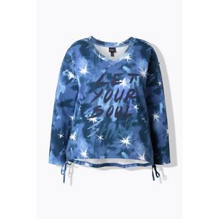 Ulla Popken Sweatshirt Schriftdruck Perlen V-Ausschnitt Langarm  