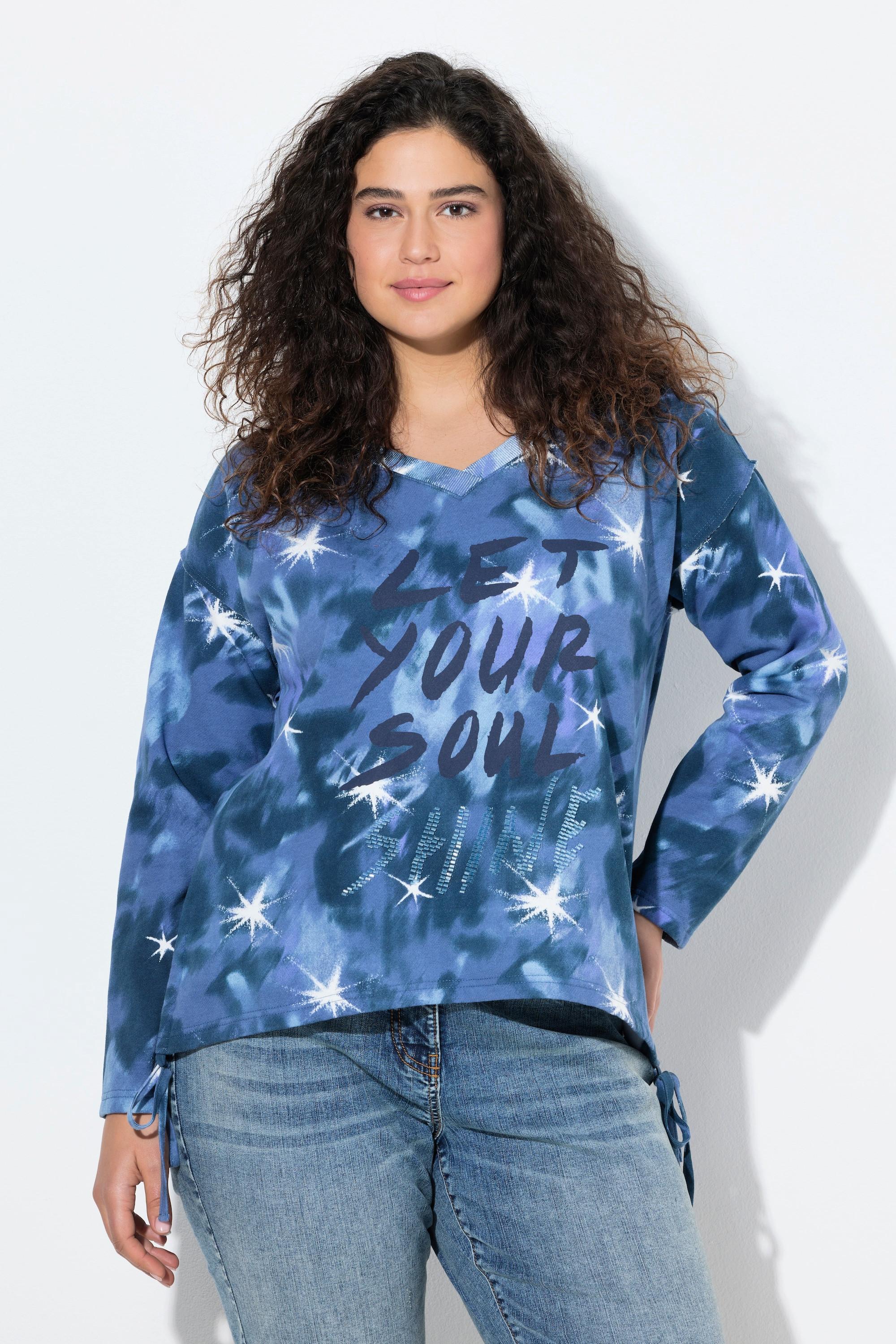 Ulla Popken Sweatshirt Schriftdruck Perlen V-Ausschnitt Langarm  