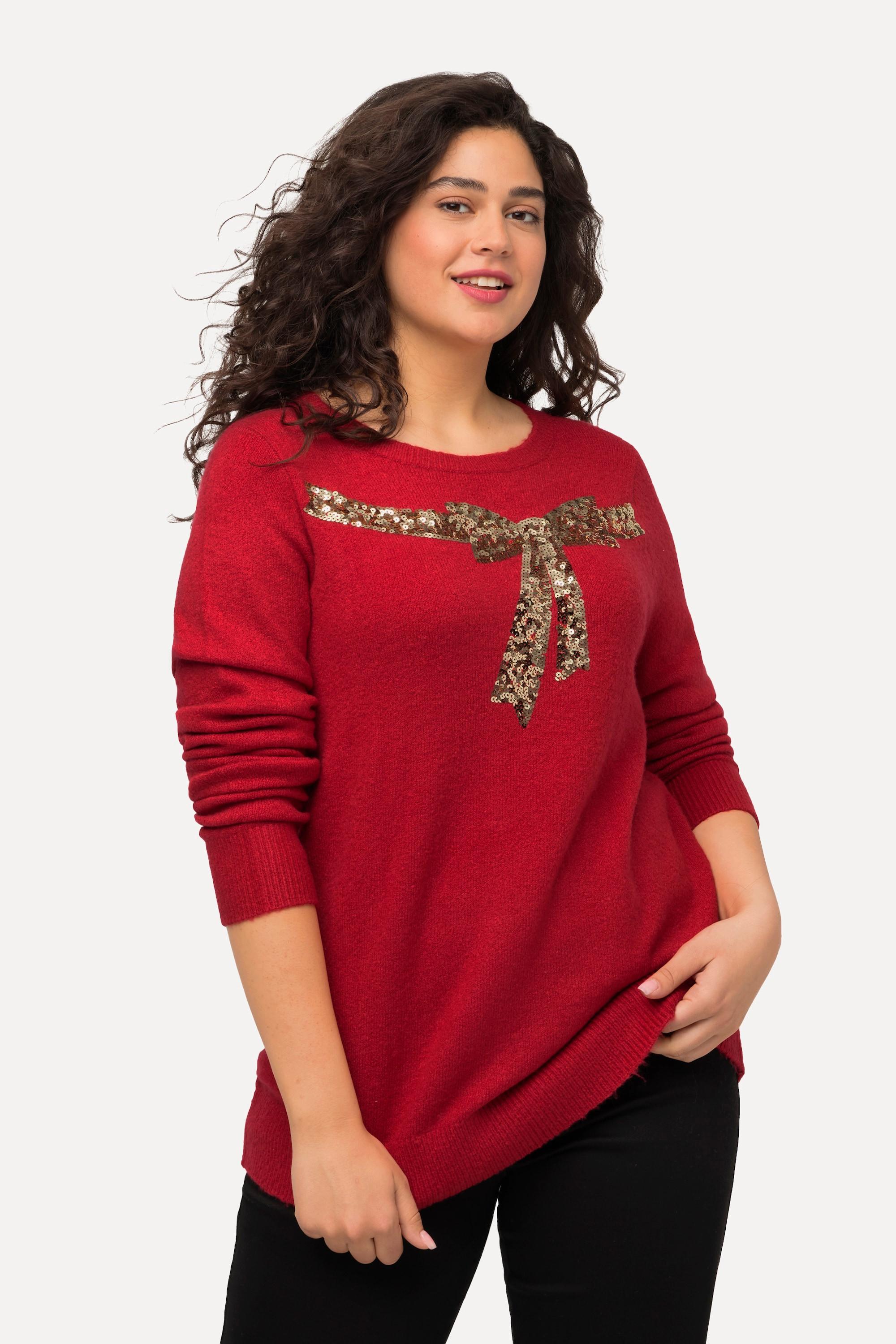 Ulla Popken  Pullover con fiocco di paillettes, scollo a girocollo e maniche lunghe 