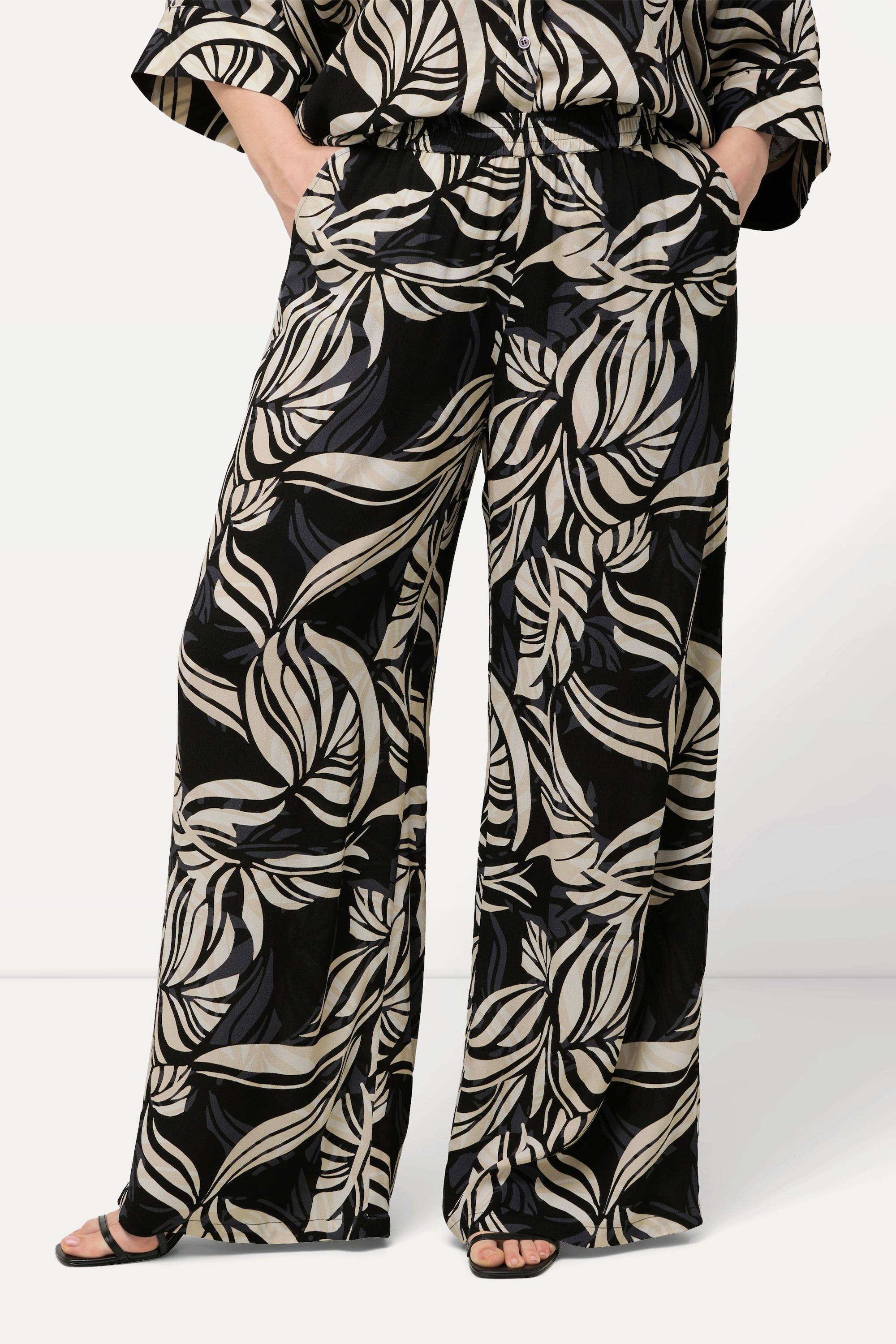 Ulla Popken  Pantalon à taille élastique, jambe large. Imprimé feuilles. 