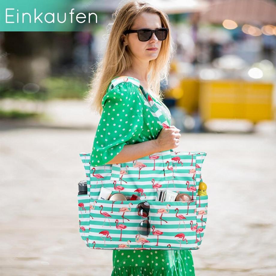 Only-bags.store Große Flamingo Gestreifte Strandtasche mit Reißverschluss  