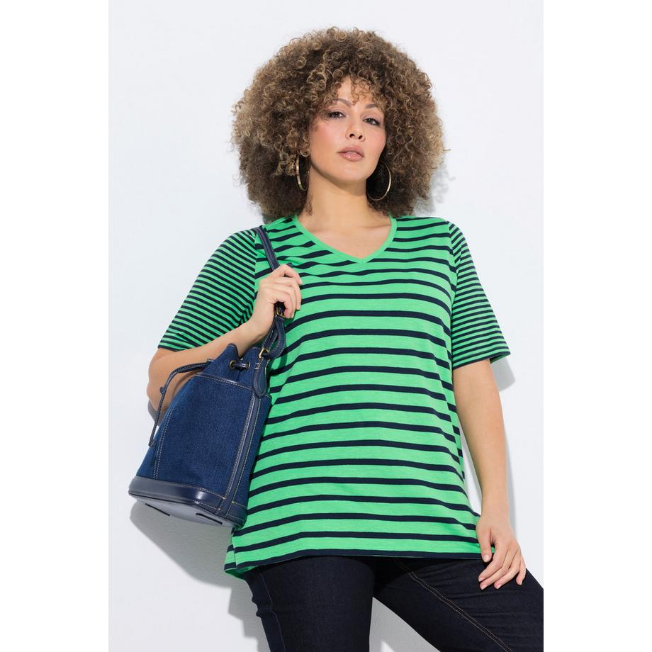 Ulla Popken Ringelmix A-Linie V-Ausschnitt Halbarm Shirt  