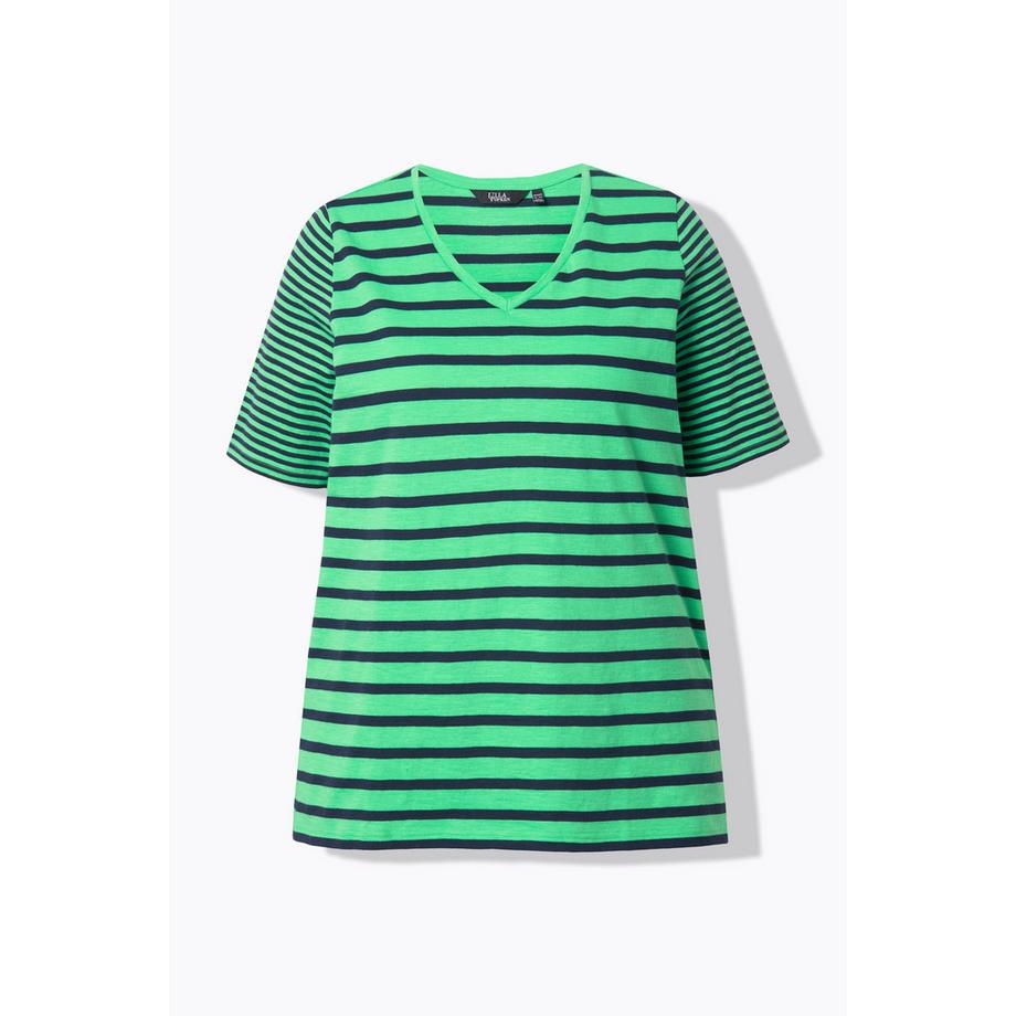 Ulla Popken Ringelmix A-Linie V-Ausschnitt Halbarm Shirt  