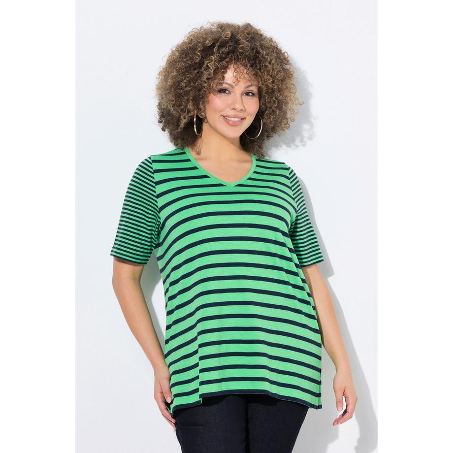 Ulla Popken Ringelmix A-Linie V-Ausschnitt Halbarm Shirt  