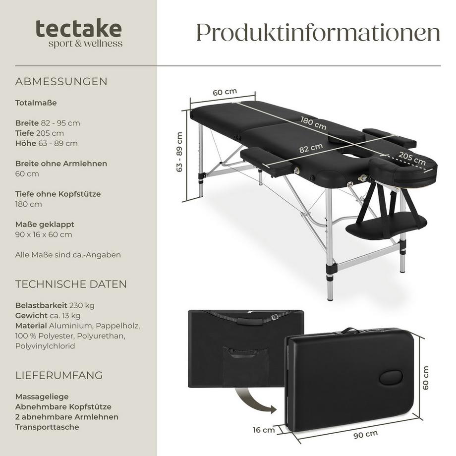 Tectake 2 Zonen Massageliege  Breite 60 cm, Polsterung 4 cm inklusive Tragetasche  