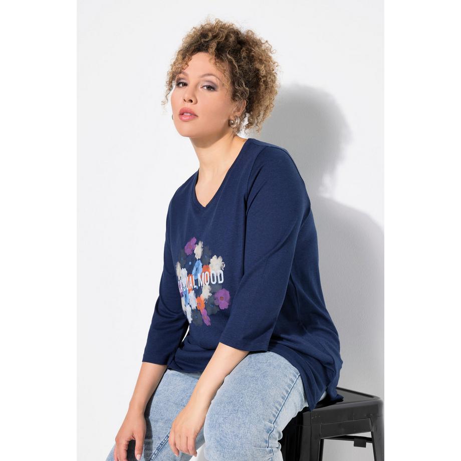 Ulla Popken T-shirt Fleurs Col V Manches 3/4 Classic  