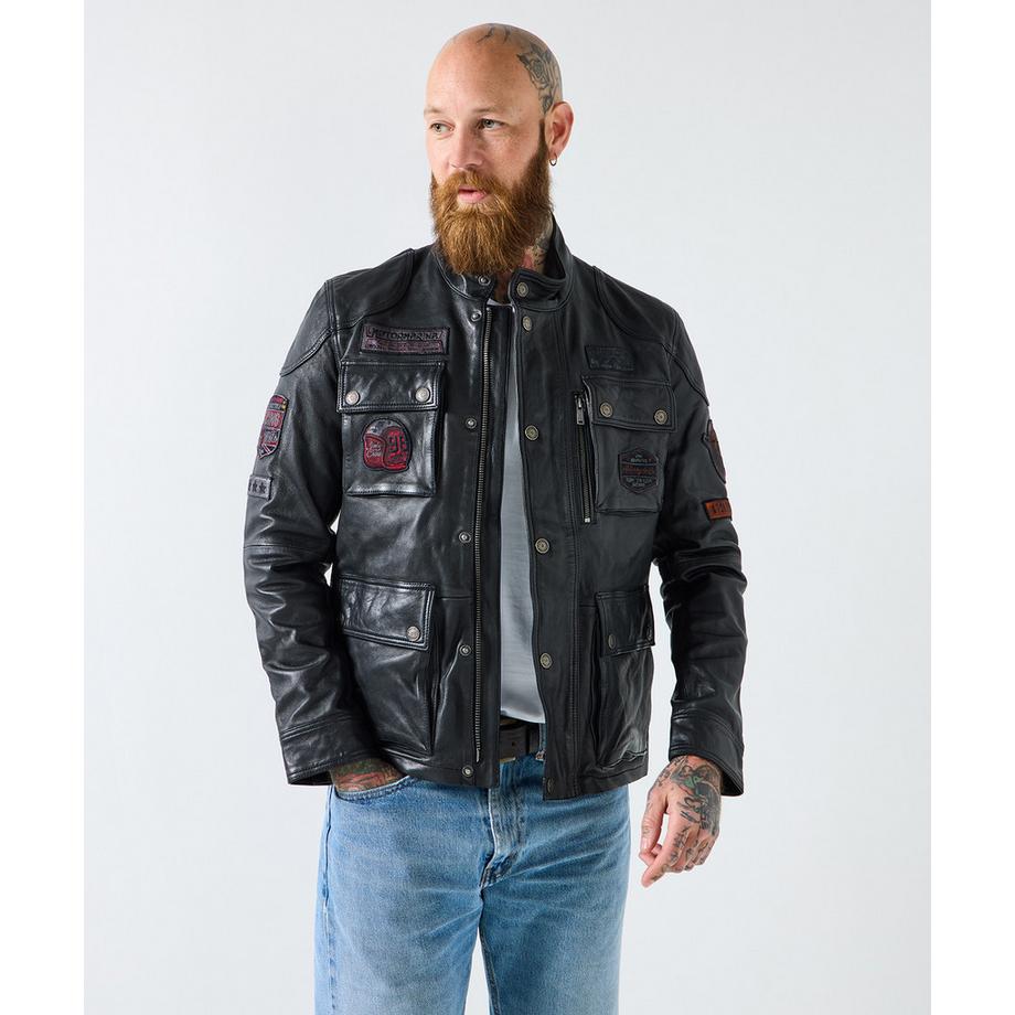 Joe Browns Lederjacke im Vintage Stil mit Abzeichen  