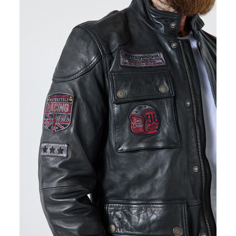 Joe Browns Lederjacke im Vintage Stil mit Abzeichen  