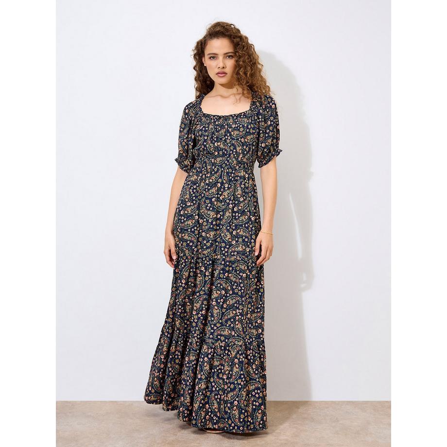 Robe longue à fleurs et motif cachemire